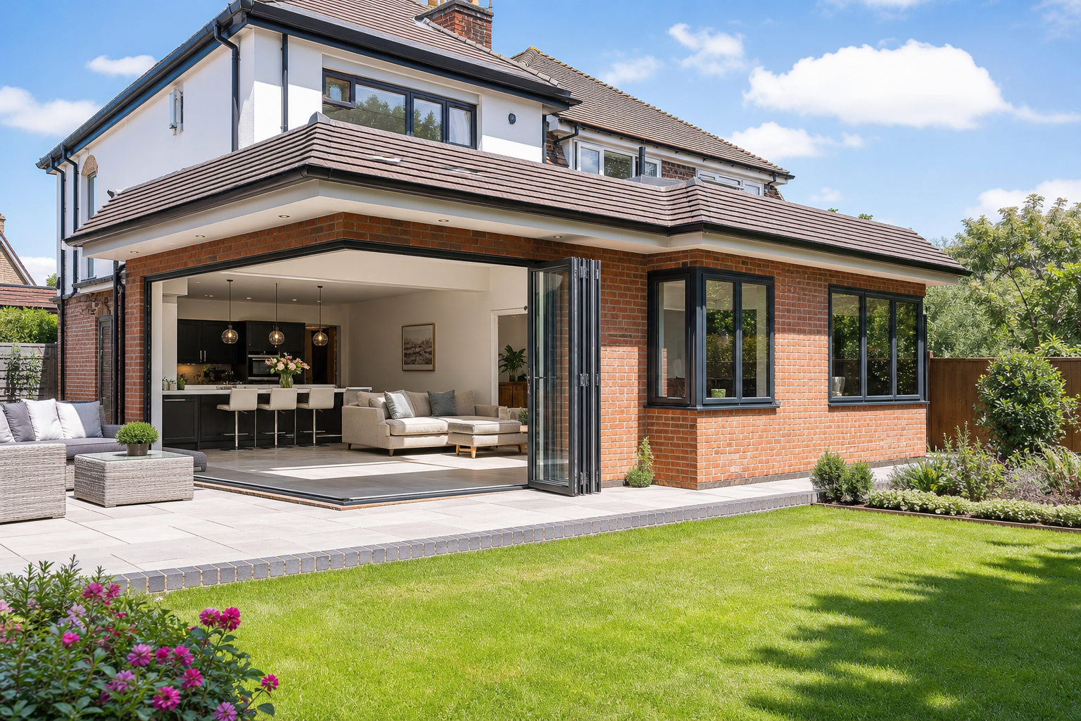 Rear extension with rendered walls, slate-clad upper storey, skylights, and large rear glazing — typical scope where depth and impact matter for prior approval