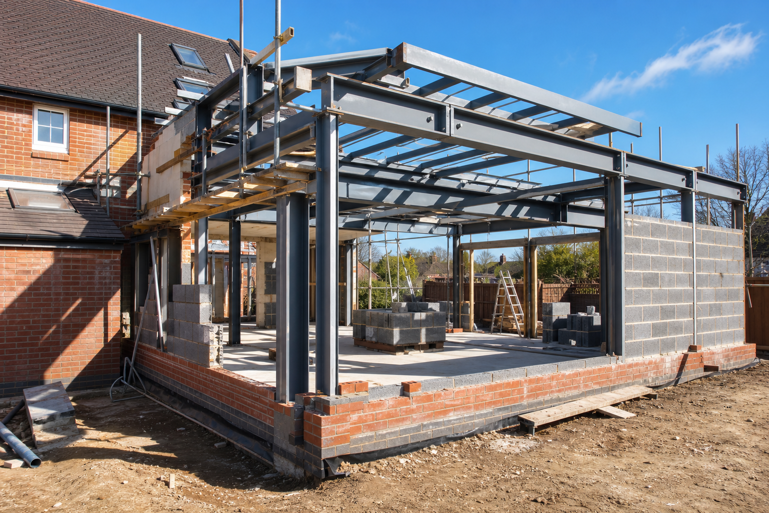 Rear extension under construction: pitched roof, structural steel above wide glazing, and roofers on site